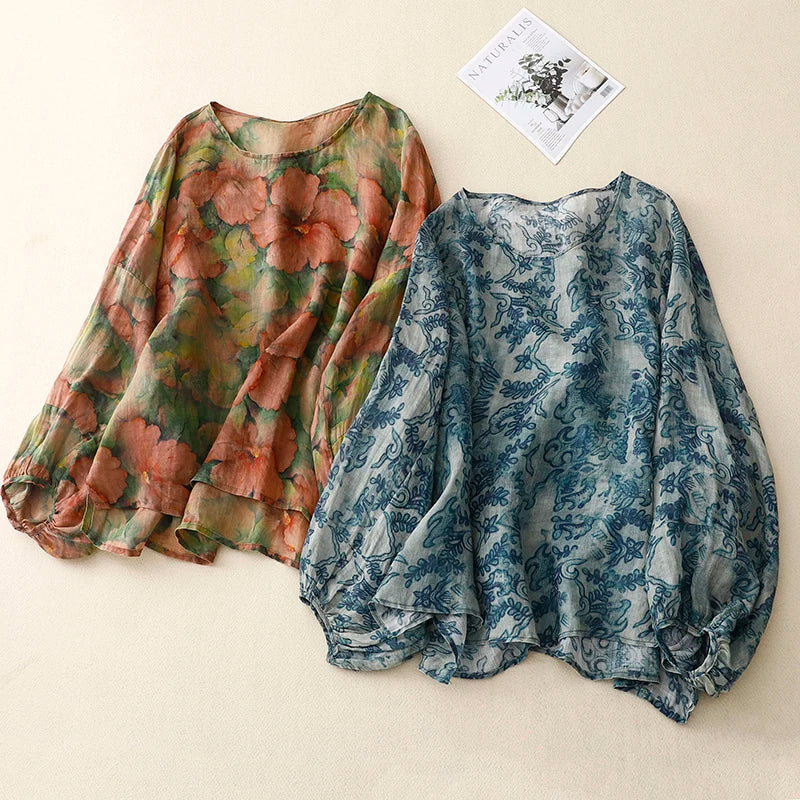 Blue Floral Print Vintage O-Neck Lantern Three Sleeve Loose Women's Blouse Shirt Korean Fashion Female Blouses