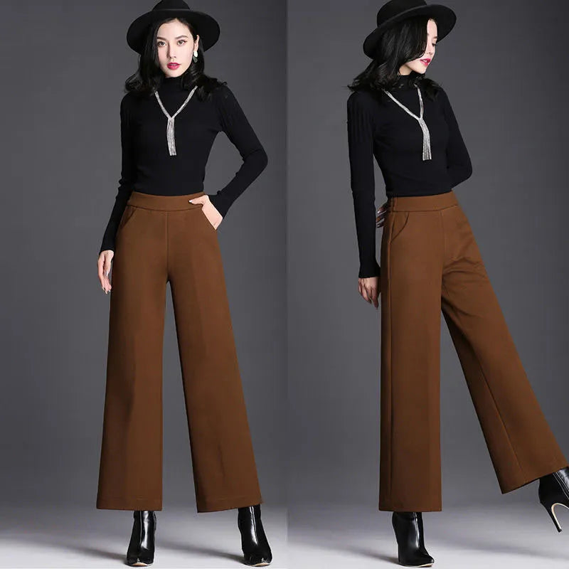 Women Autumn Winter Woolen Oversize Pants Elastic Band High Waist Solid Vintage Loose Casual Fashion Female Straight Trousers