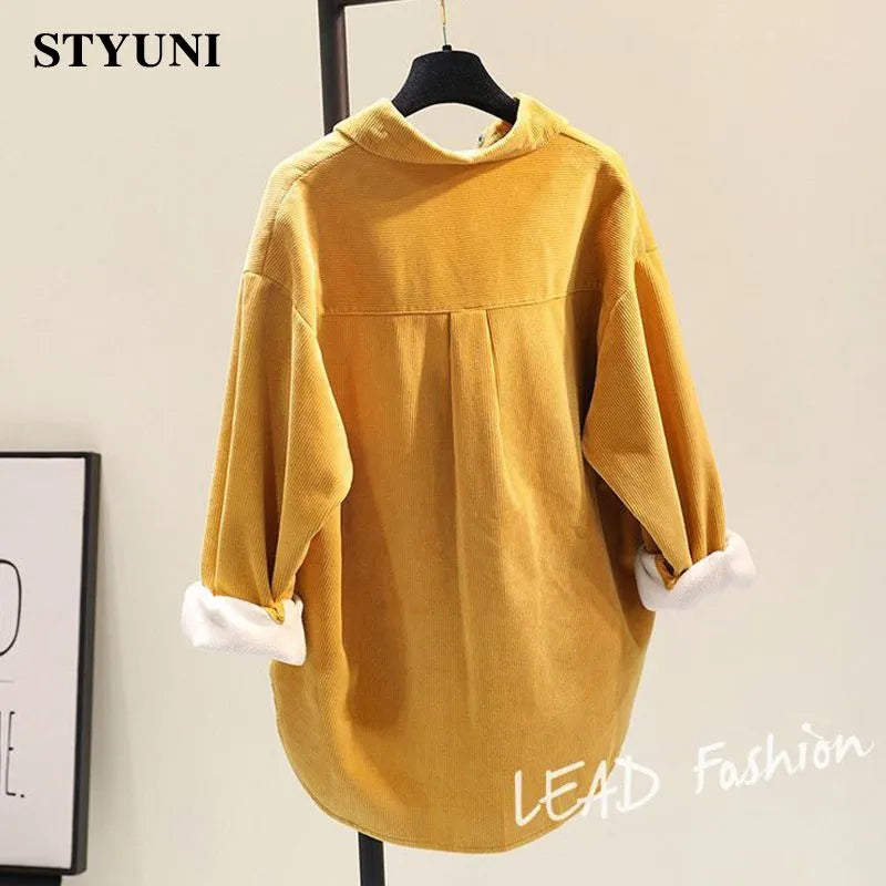 Yellow Corduroy Casual Turn-Down Collar Single Breasted Long Sleeve Women's Blouse Shirt Korean Fashion Female Clothing Autumn