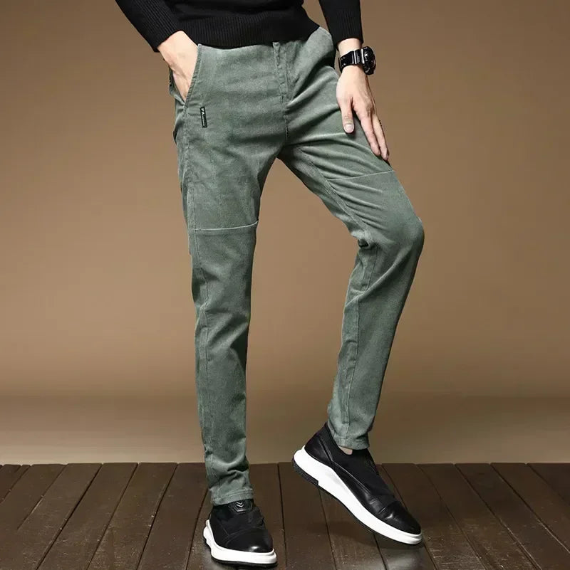 New Winter Fleece Warm Corduroy Pants Men Business Fashion Slim Fit Stretch Thicken Gray Green Fluff Casual Trousers Male