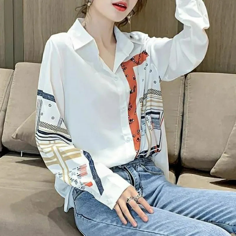 Spring Autumn Streetwear Fashion Print Single Breasted Shirt Women Elegant Long Sleeve All-match Blouse Harajuku Cardign Blusa