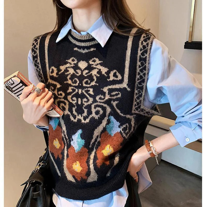 Autumn Winter Streetwear Trend Printing Vest Ladies Korean Fashion Loose Casual All-match Tank Top Women's Sleeveless Sweaters