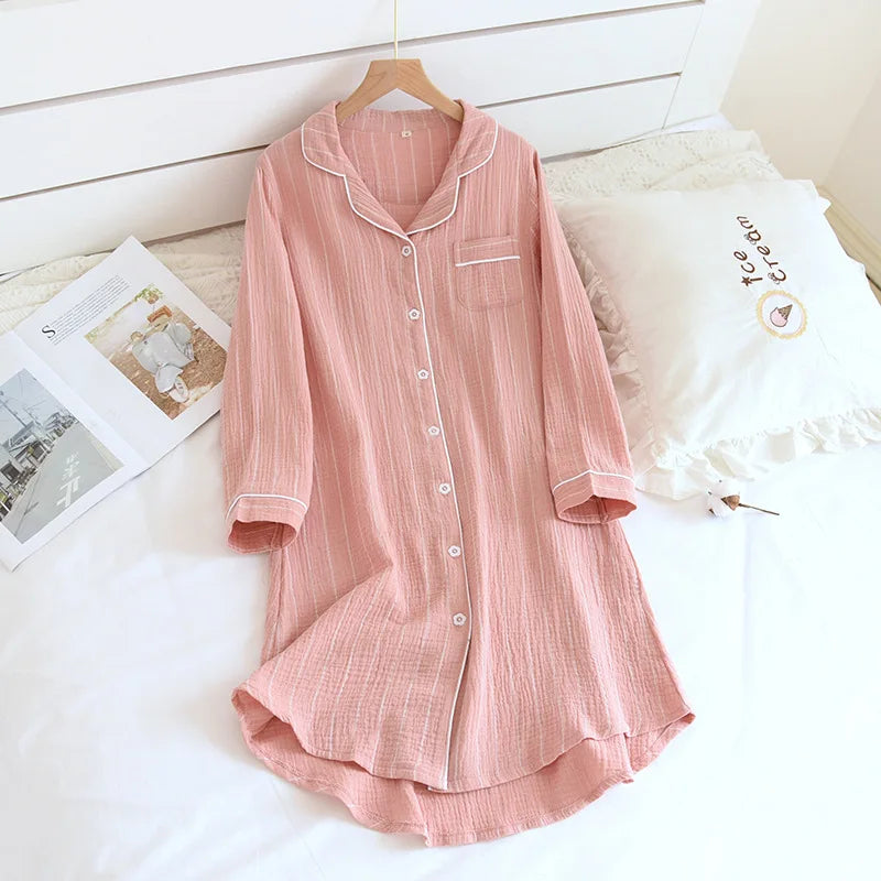 2024 Spring and Summer New Long-Sleeved Nightgowns Cotton Women's Mid-Length Cotton Sleepshirts Home stripe Knee-Length