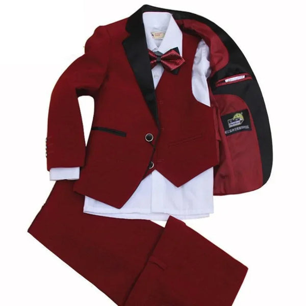 Children's Boy Suit Red Suit  In Spring And Autumn Wedding Set including 4 Pieces Jacket +Vest +Pants +Bow Tie Size 2-12 Years