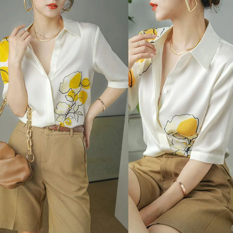 Summer Fashion Printing Turn-down Collar Half Sleeve Blouse Women Clothes Simplicity Buttons Chiffon Loose Shirts Tops