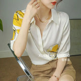 Summer Fashion Printing Turn-down Collar Half Sleeve Blouse Women Clothes Simplicity Buttons Chiffon Loose Shirts Tops