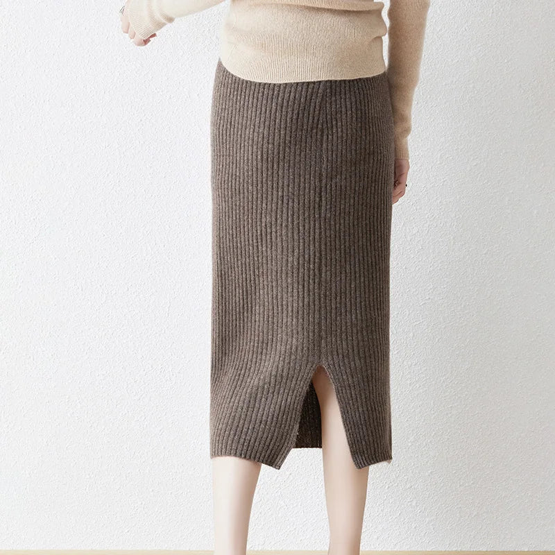 Autumn 100% Wool Knitted Skirt Winter Women's High Waist Elegant Wrapped Hip Skirt Women's High Elastic Skirt Women's Wool Skirt