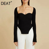 DEAT 2024 New Autumn Sexy Stylish Sqaure Collar Full Sleeves Knitting Pullover Sexy Slim T-shirt Female Top 17A1815H03S