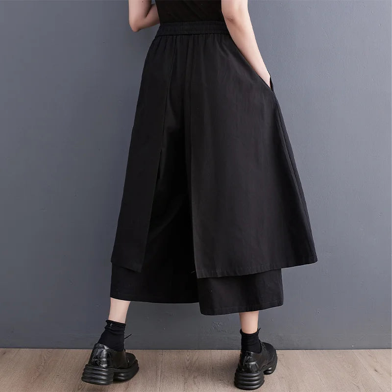 Black Wide Leg Pants Women Pockets Loose Asymmetrical Trousers Female Double Layer Streetwear Baggy Pants High Waisted