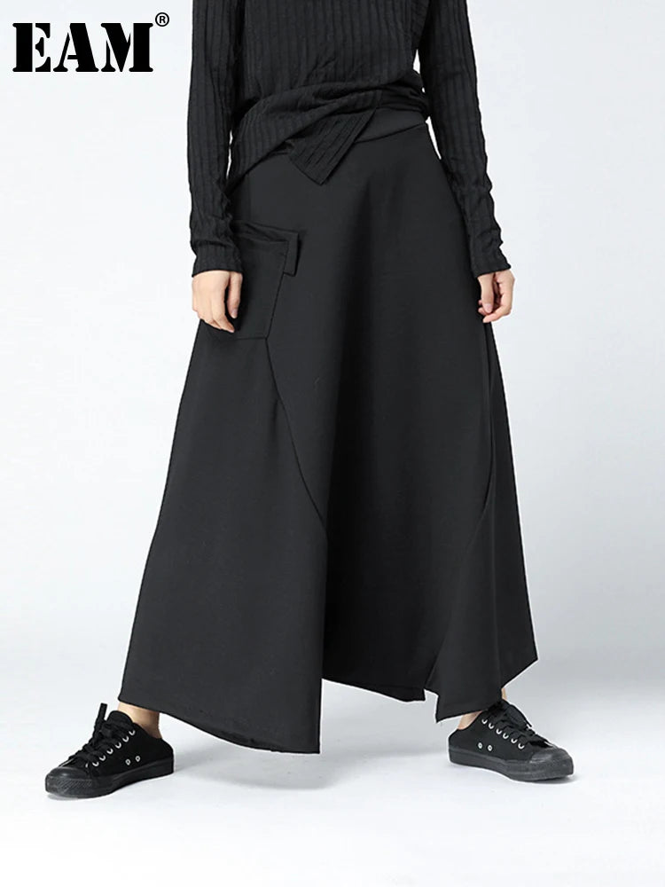 [EAM] High Elastic Waist Black Brief Loose Long Big Size Cross Pants New Trousers Women Fashion Tide Spring Autumn 2024