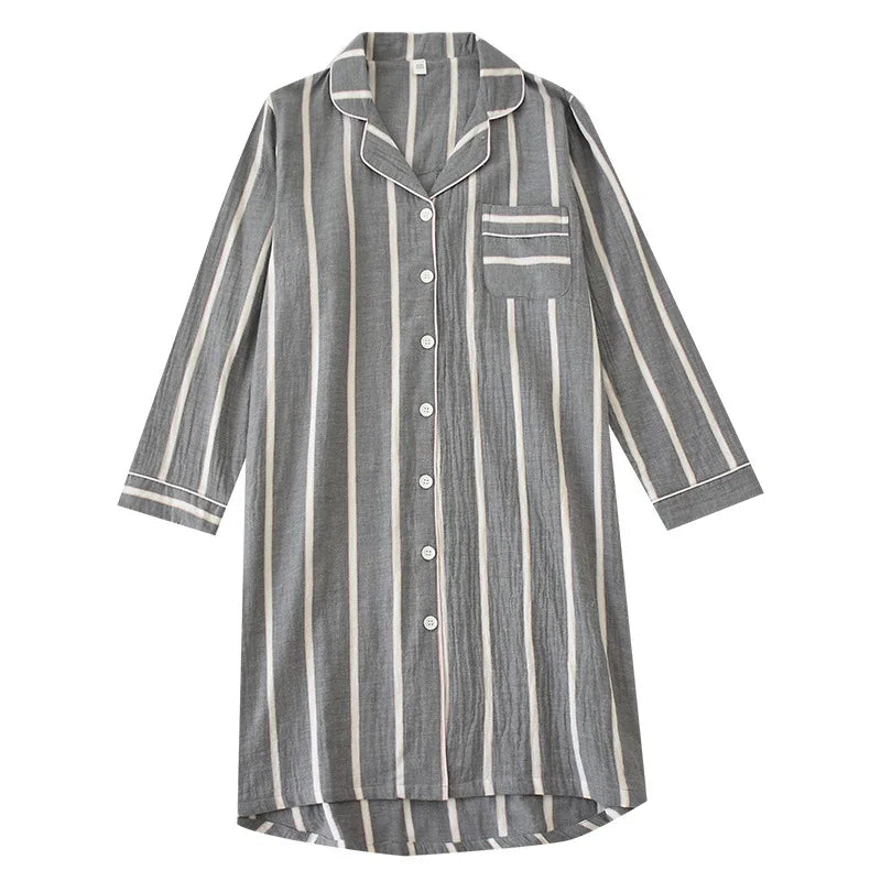 2024 Spring and Summer New Long-Sleeved Nightgowns Cotton Women's Mid-Length Cotton Sleepshirts Home stripe Knee-Length