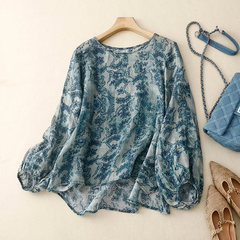 Blue Floral Print Vintage O-Neck Lantern Three Sleeve Loose Women's Blouse Shirt Korean Fashion Female Blouses