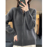 100% Pure Wool Zipper Cardigan Padded Shoulder Stand Collar Women's Cashmere Knitted Coat New Lapel Sweater