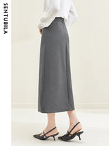 Sentubila Midi Split Grey Skirt for Women Autumn Elegant Solid Skirts with Slit Office Ladies Business Workwear