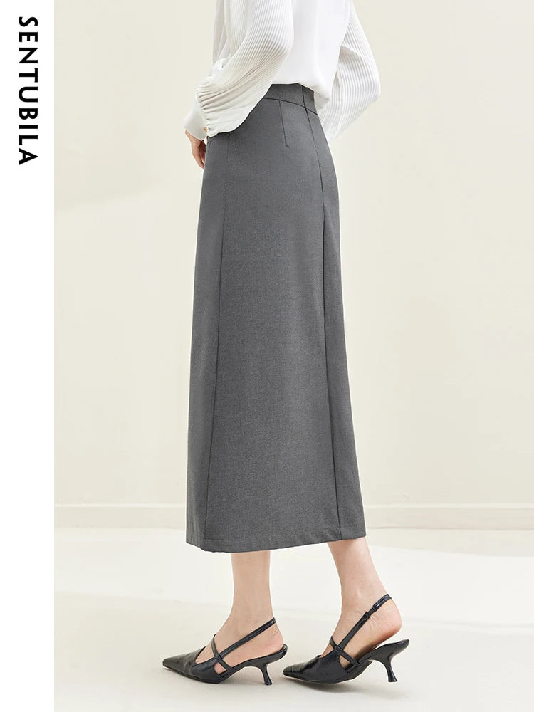 Sentubila Midi Split Grey Skirt for Women Autumn Elegant Solid Skirts with Slit Office Ladies Business Workwear