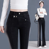 Vintage Gradient Blue Korean Slim Flare Jeans High Waist Women Spring Autumn Full Pants Pocket Versatile Simple Casual Trousers