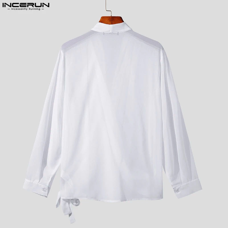 INCERUN Korean Style New Men's Pile Up Collar Tie Up Blouse Fashion Solid All-match Chiffon Long Sleeved Shirts S-5XL