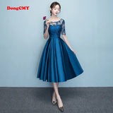 DongCMY 2024 Short Navy Bule Color Lace Robe Satin Prom Dress Elegant Party Women Midi Robes De Soirée Evening Dresses