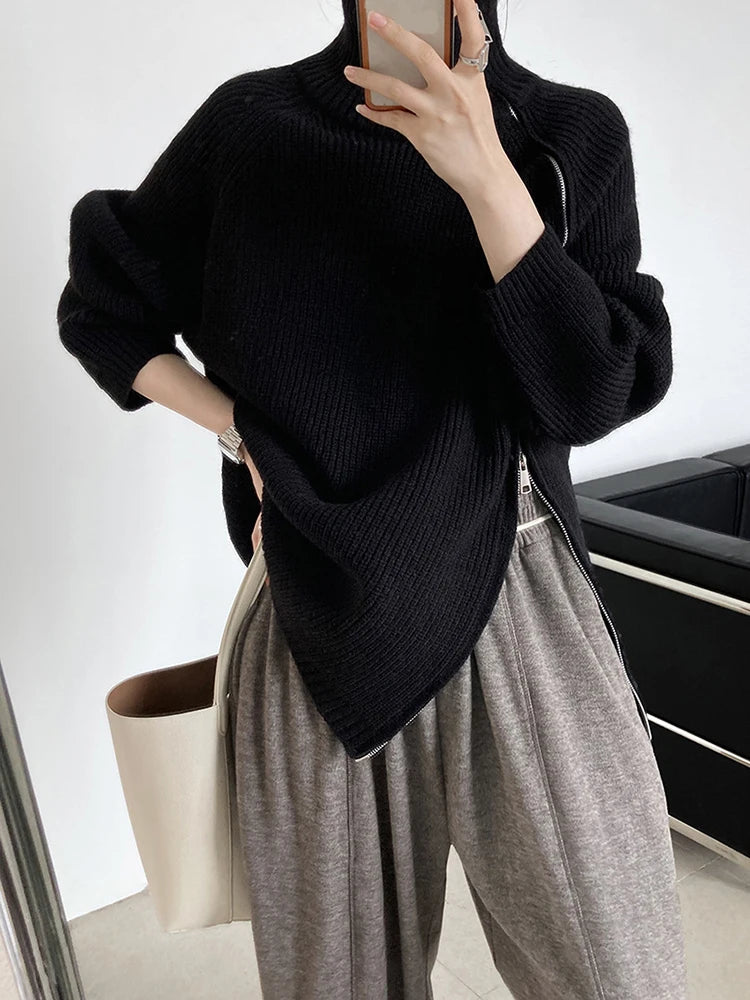 [EAM] Zipper Slit Big Size Knitting Sweater Turtleneck Long Sleeve Women Pullovers New Fashion Tide Autumn Winter 2024 1DF3058