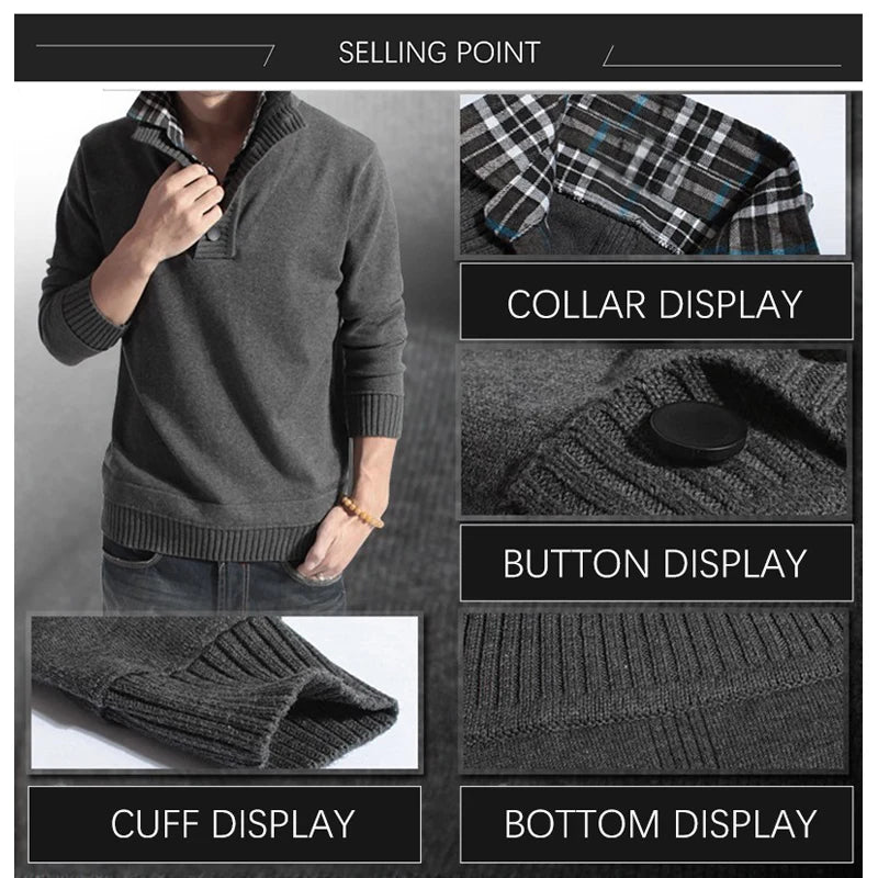 BROWON Men's Clothing Winter Solid Color Sweater Long Sleeve Fake Two Pieces Soft Handfeel Holiday Stylish Sweater Top Blouse