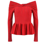 2024 New Spring Collection Sexy Slash Neck Fashion Striped Ruched Knitting Women Sweater High Quality