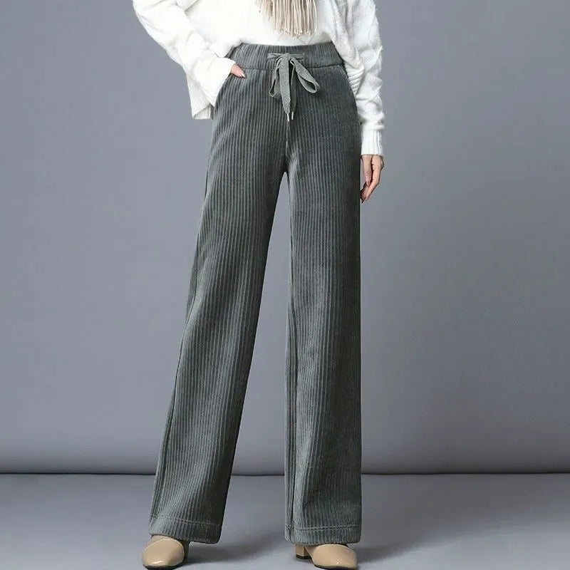 Winter Corduroy Thicken Loose Wide Leg Pants Pockets High Waist Solid Elastic Lace-up Casual Oversize Women Straight Trousers