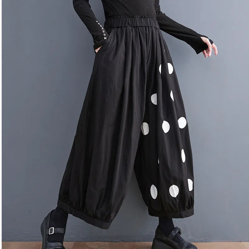 Summer Polka Dot Printed Pants Women Loose Vintage Thin Wide Leg Pants High Waisted Bloomers Trousers Ladies Streetwear