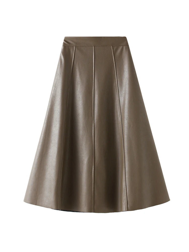 OHRYIYIE Vintage Faux Leather Skirt Women 2023 Autumn Winter Fashion Midi Long A Line Skirt Female Beige Khaki Elegant PU Skirt