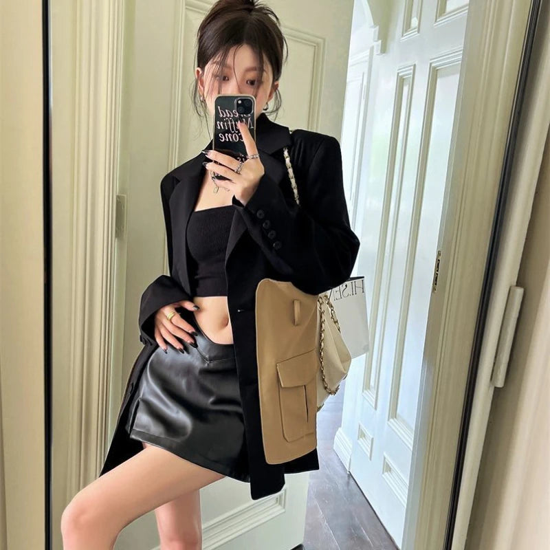 Original Design Blazer Women Fashion New Loose Spliced Pocket Korean Shrug Notched Single Breasted Blazer Mujer Female with Belt