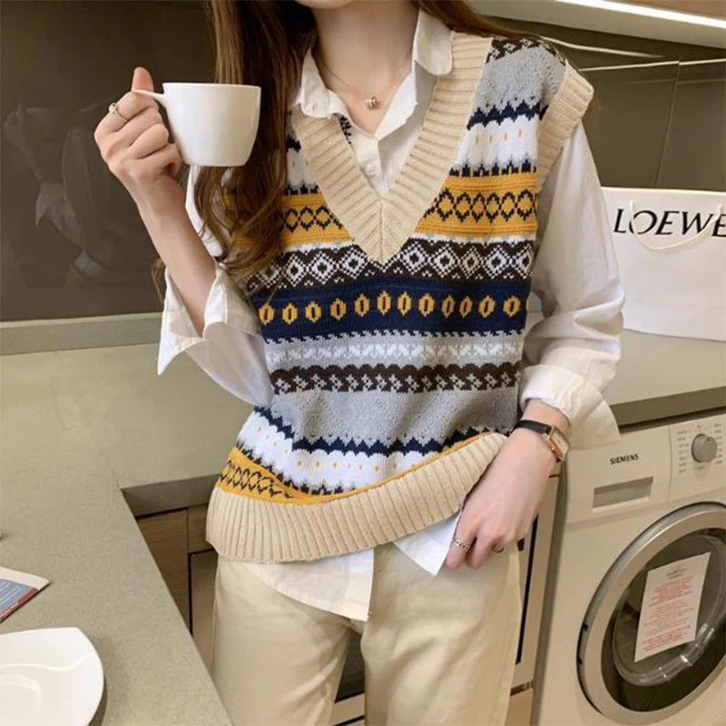 Spring Autumn Loose Casual V-neck Patchwork Sweater Vest Women Sleeveless All-match Knitting Pullover Female Vintage Jumper Top