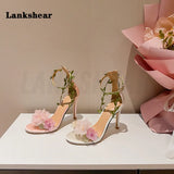 Women Pink Chiffon Flower High Heels Sandals One Word Rattan Strappy Sandals White Pink Ankle Strap Women's Wedding Shoes