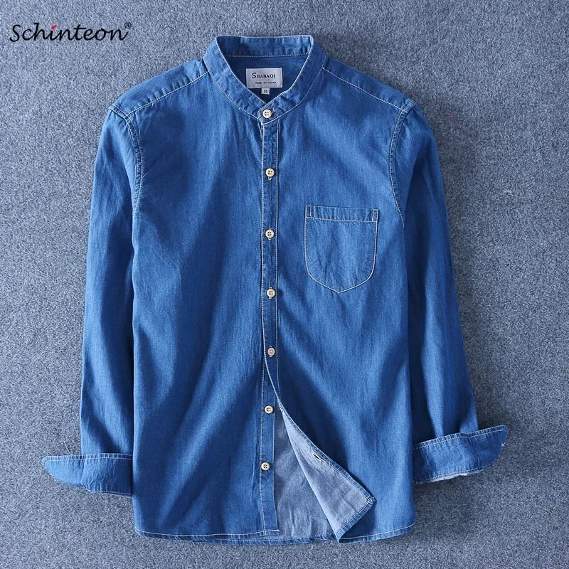 Schinteon Men Long Sleeved Denim Shirt 100% Pure Cotton O-Neck Stand Collar Slim Slight Elastic Jeans Simple Solid Color Top