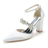 Thick Heel Lady Satin Evening Dress Shoes Pointed Toe with Crystal Strap Middle Ankle Strap Bridal Wedding Party Cocktail Lady