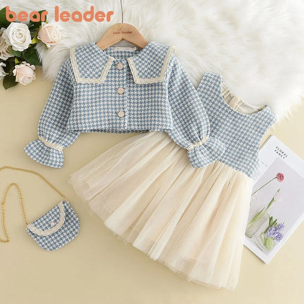 Bear Leader Girls Clothes Set 2-6 Y Spring Autumn New Girls Plaid Vest Dress Retro Outwear Coat 3 Pcs Fashion Baby Party Outfits