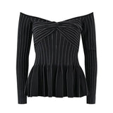 2024 New Spring Collection Sexy Slash Neck Fashion Striped Ruched Knitting Women Sweater High Quality