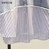 Vertical Striped Denim Vintage Polo Collar Single Breasted Long Sleeve Women's Blouse Shirt Korean Fashion