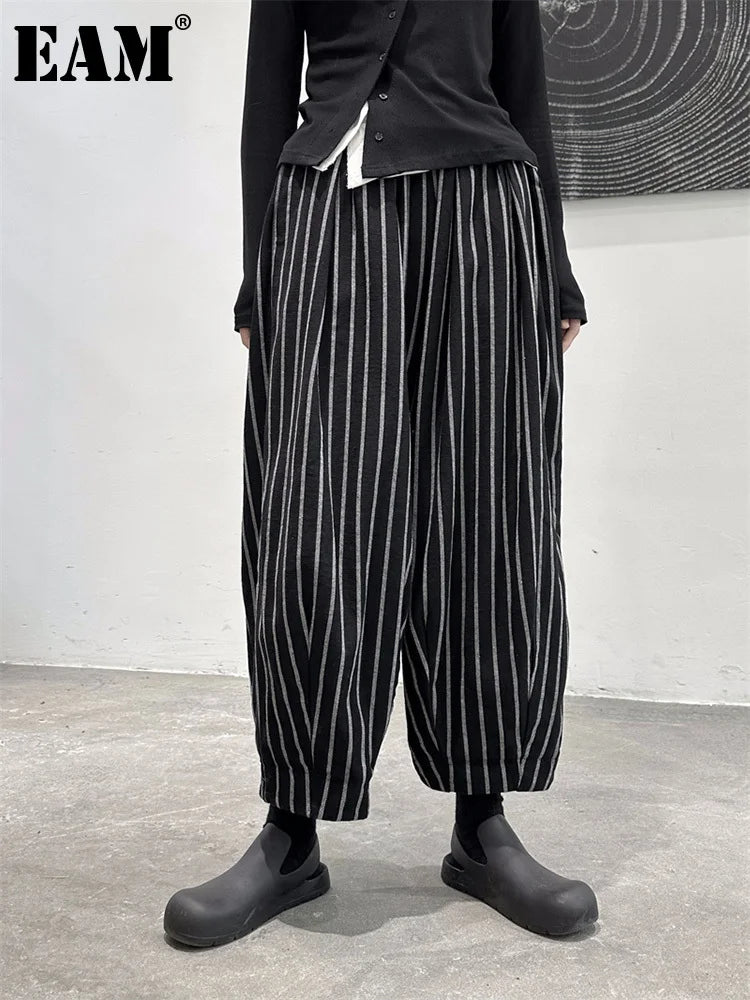 [EAM] High Waist Casual Black Striped Casual Wide Leg Pants New Loose Fit Trousers Women Fashion Spring Summer 2024 1DF3686