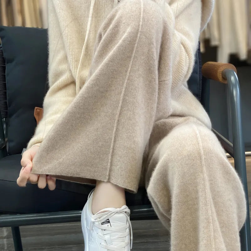 Cashmere Knitted Wide Leg Pants for Women in Autumn and Winter, with a Draping Feel and Straight Tube Wool Casual Woolen Pants