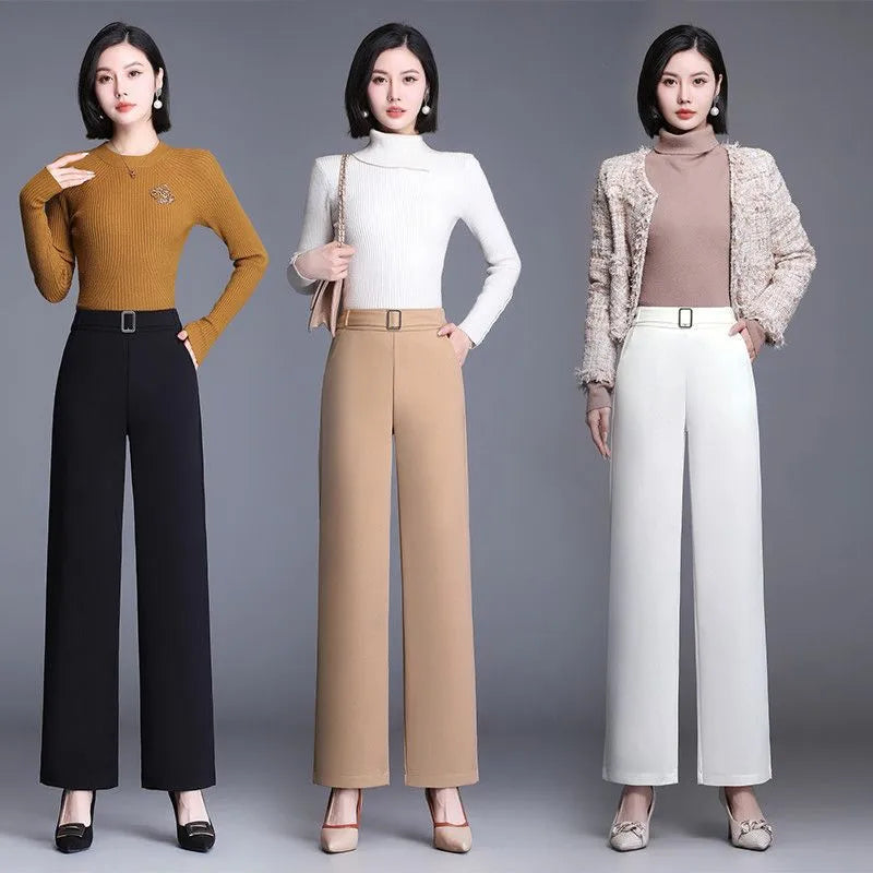 Office Lady Fashion All-match Wide Leg Pants Spring Autumn Women High Waist Elastic Band Loose Solid Casual Straight Trousers