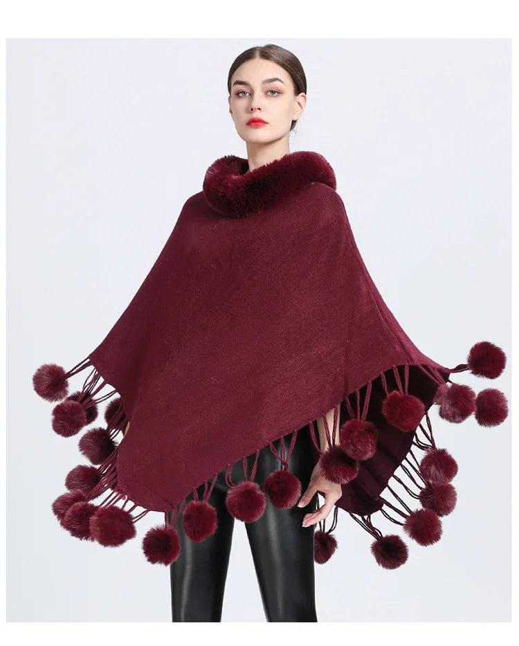 Poncho Scarf Fur Ball Decoration Shawl Faux Fur Collar Women's  Cape Fringed Asymmetric Cover Up Diamond Shawl