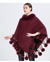 Poncho Scarf Fur Ball Decoration Shawl Faux Fur Collar Women's  Cape Fringed Asymmetric Cover Up Diamond Shawl