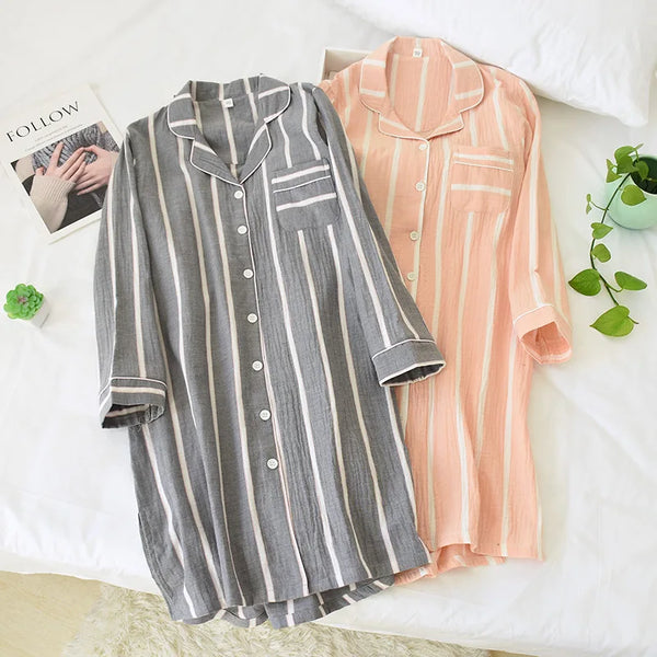 2024 Spring and Summer New Long-Sleeved Nightgowns Cotton Women's Mid-Length Cotton Sleepshirts Home stripe Knee-Length