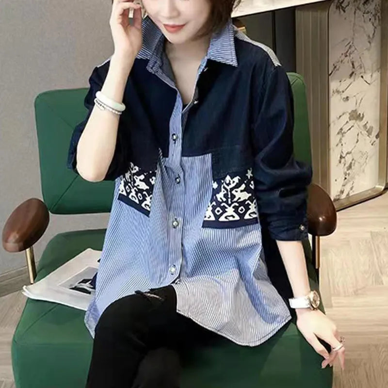 Spring Autumn Streetwear Denim Patchwork Casual Fashion Shirt Lady Long Sleeve Top Loose All-match Buttons Blouse Women Cardigan