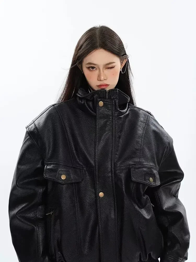 Spring Autumn Loose Leather Jacket Women Windproof Thick Black Bomber Pu Jacket Female Zip Up Luxury Outwear Unisex Motorcycle