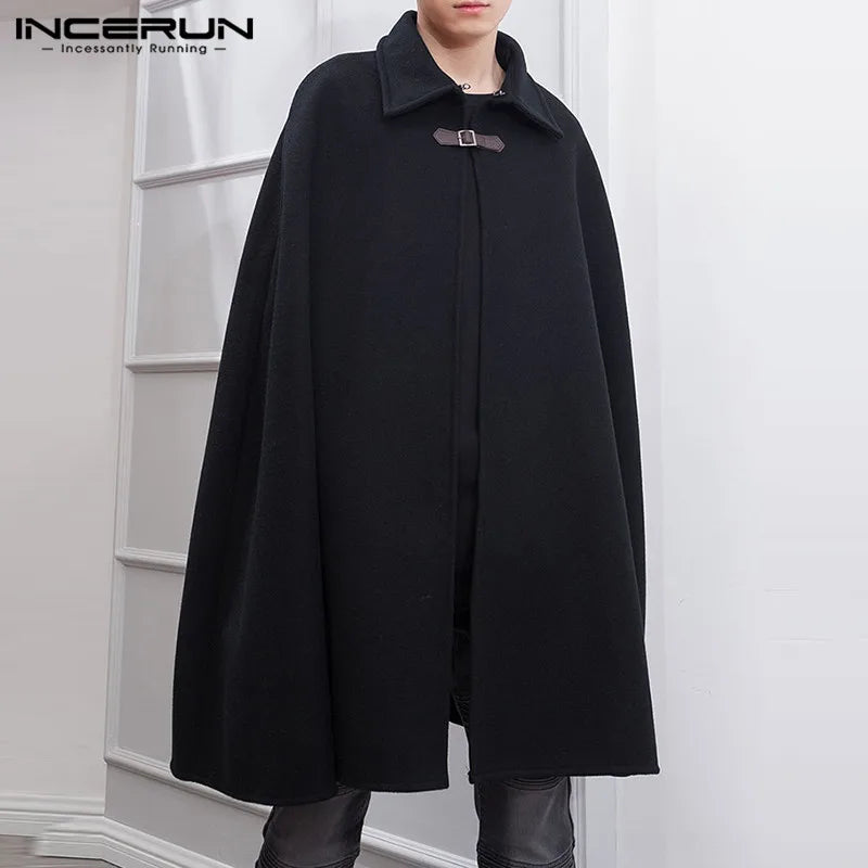 INCERUN Fashion Men Cloak Coats Solid Color One Button Lapel Cape Trench Streetwear Winter Faux Blends Overcoat Men Jackets