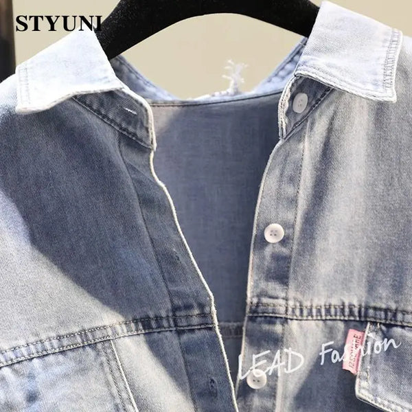 Vertical Striped Denim Vintage Polo Collar Single Breasted Long Sleeve Women's Blouse Shirt Korean Fashion