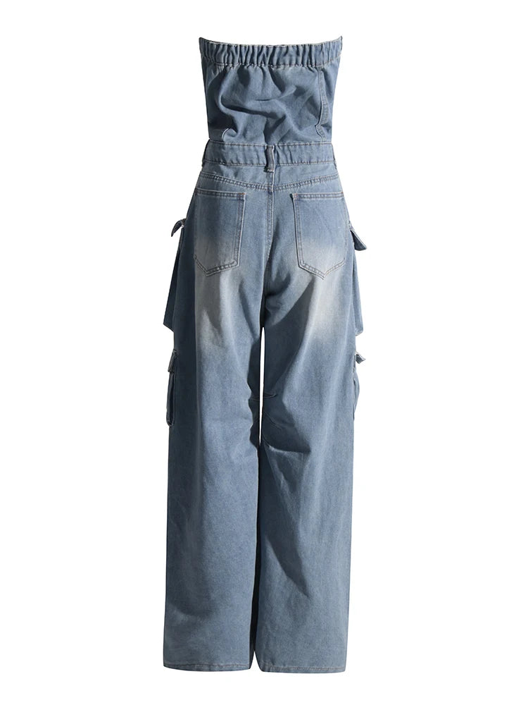 DEAT Women's Jumpsuit High Waist Strapless Multiple Pockets Solid Color Cargo Ripped Denim Pants 2024 Summer New Fashion