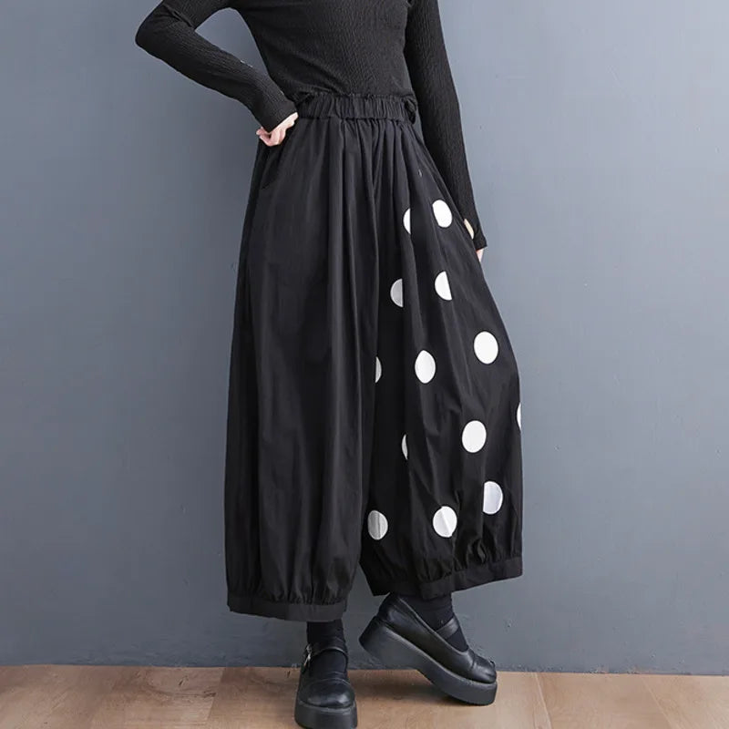 Summer Polka Dot Printed Pants Women Loose Vintage Thin Wide Leg Pants High Waisted Bloomers Trousers Ladies Streetwear