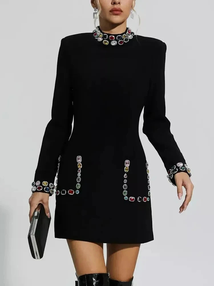 Newest 2024 Designer Fashion Women's Colorful Diamond Standing Neck Long Sleeve Dress