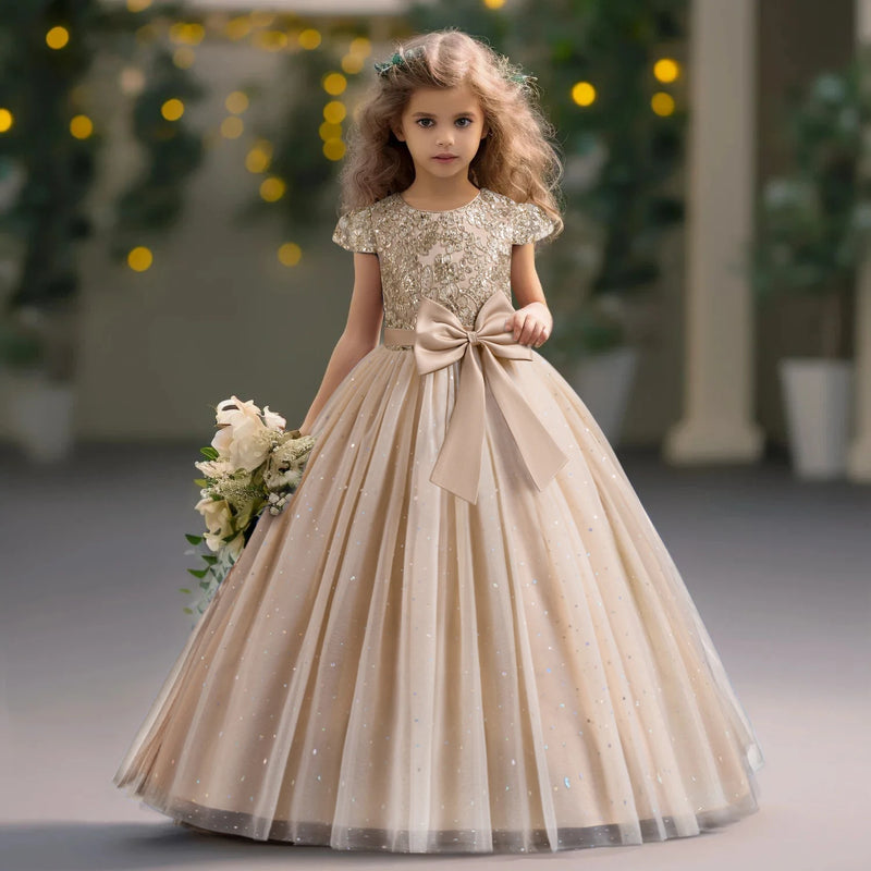 Elegant Kids Dresses for Girls Wedding Children Bow Bridesmaid Prom Long Gown Princess Birthday Party Embroidery Vestidos 3-10 Y